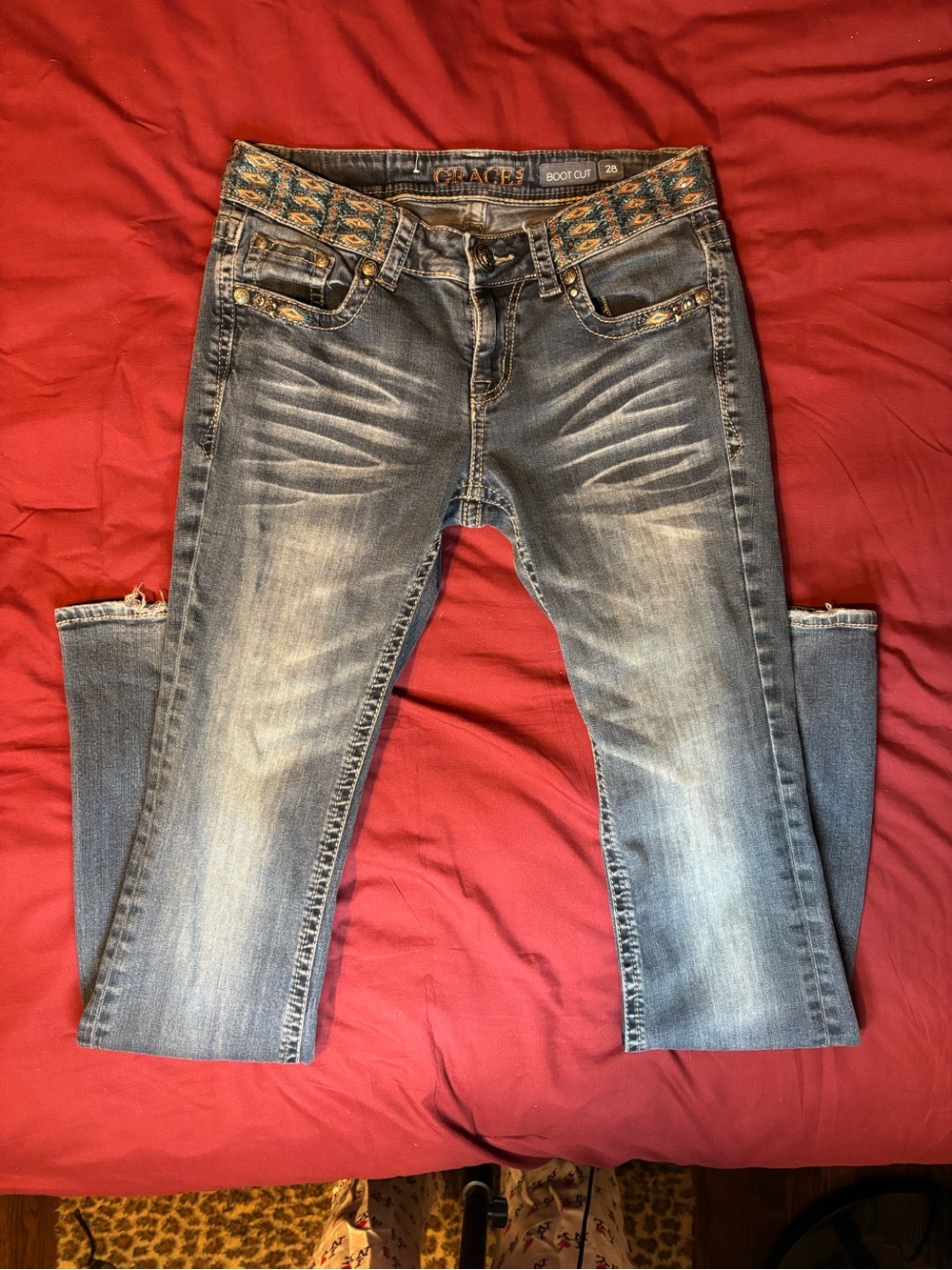 y2k low rise bootcut jeans with embroidered tribal print detailing (Grace in LA)
